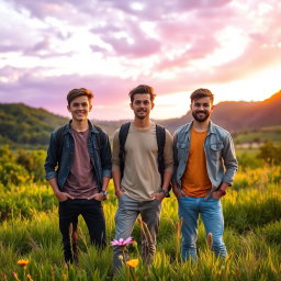 Three young men standing confidently in a vibrant natural landscape, with lush greenery and striking purple skies filling the background
