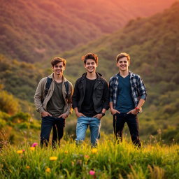 Three young men standing confidently in a vibrant natural landscape, with lush greenery and striking purple skies filling the background