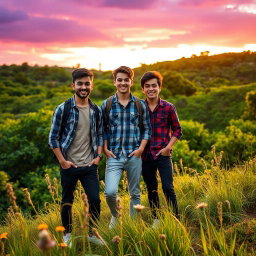 Three young men standing confidently in a vibrant natural landscape, with lush greenery and striking purple skies filling the background