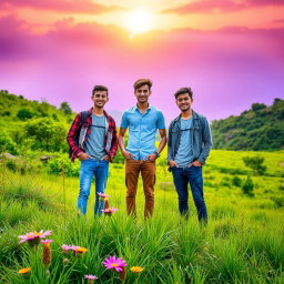 Three young men standing confidently in a vibrant natural landscape, with lush greenery and striking purple skies filling the background