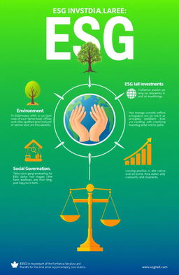 A vibrant and engaging infographic representing the concept of ESG (Environmental, Social, and Governance)