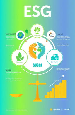 A vibrant and engaging infographic representing the concept of ESG (Environmental, Social, and Governance)