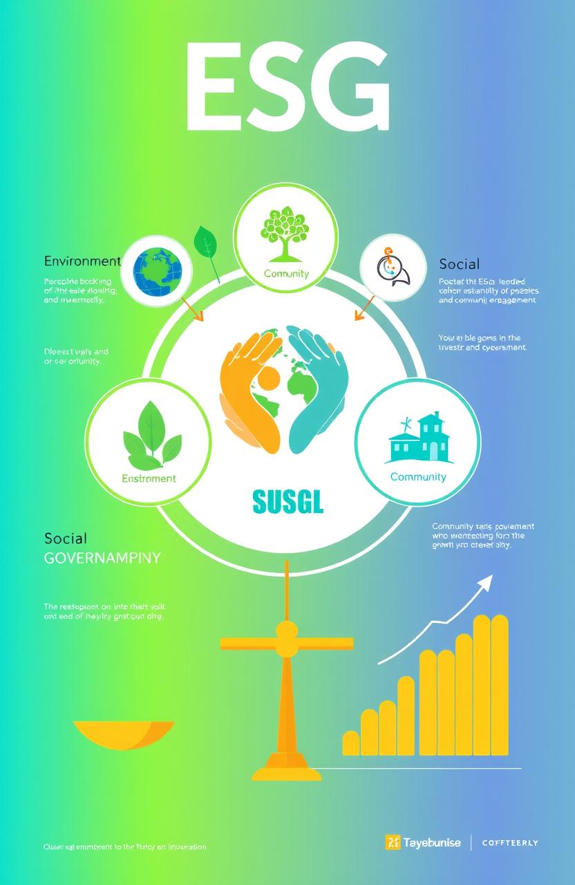 A vibrant and engaging infographic representing the concept of ESG (Environmental, Social, and Governance)