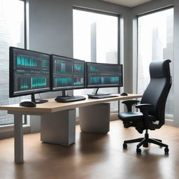 A modern trading setup with multiple monitors displaying graphs and data, a high-end computer, comfortable ergonomic chair, a neat desk with a keyboard and mouse, ambient lighting in a well-lit room.