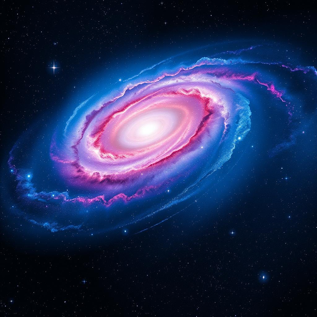 A stunning image of the cosmos featuring a vibrant galaxy, with swirling arms of stars, nebulae, and cosmic dust in brilliant shades of blue, purple, and pink
