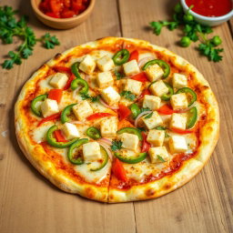 A delicious pizza topped with fresh capsicum, crunchy onions, and flavorful paneer cubes, all generously covered with gooey mozzarella cheese