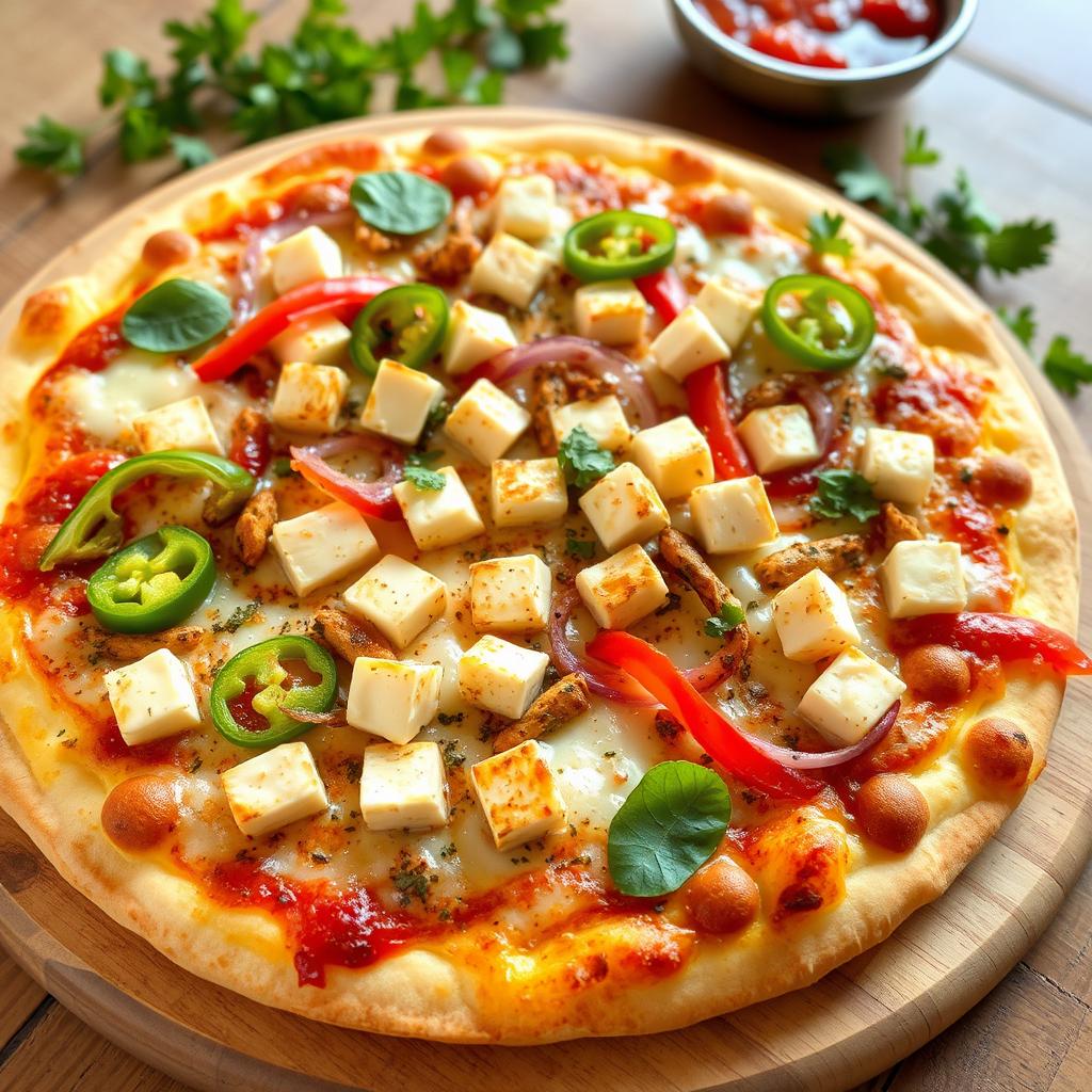 A delicious pizza topped with fresh capsicum, crunchy onions, and flavorful paneer cubes, all generously covered with gooey mozzarella cheese