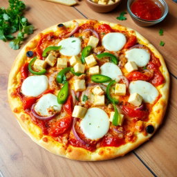 A delicious pizza topped with fresh capsicum, crunchy onions, and flavorful paneer cubes, all generously covered with gooey mozzarella cheese