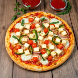 A delicious pizza topped with fresh capsicum, crunchy onions, and flavorful paneer cubes, all generously covered with gooey mozzarella cheese