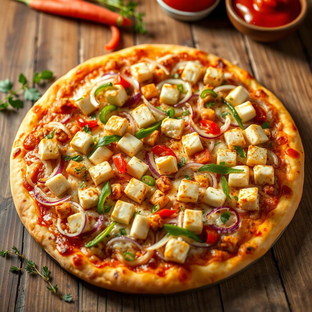 A delicious pizza topped with an abundance of crunchy onions, fresh capsicum, and flavorful paneer cubes, all generously covered with gooey mozzarella cheese