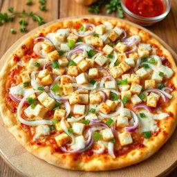 A delicious pizza topped with an abundance of crunchy onions, fresh capsicum, and flavorful paneer cubes, all generously covered with gooey mozzarella cheese