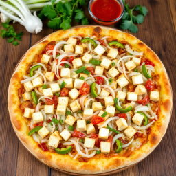 A delicious pizza topped with an abundance of crunchy onions, fresh capsicum, and flavorful paneer cubes, all generously covered with gooey mozzarella cheese