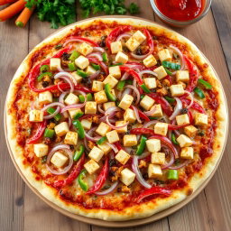 A delicious pizza topped with an abundance of crunchy onions, fresh capsicum, and flavorful paneer cubes, all generously covered with gooey mozzarella cheese