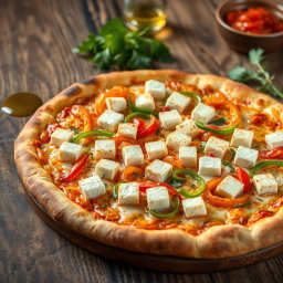 A realistic depiction of a delicious pizza topped with fresh, vibrant capsicum slices, crunchy onions, and perfectly cubed paneer, all lavishly covered with melting mozzarella cheese