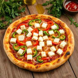 A realistic depiction of a delicious pizza topped with fresh, vibrant capsicum slices, crunchy onions, and perfectly cubed paneer, all lavishly covered with melting mozzarella cheese