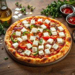 A realistic depiction of a delicious pizza topped with fresh, vibrant capsicum slices, crunchy onions, and perfectly cubed paneer, all lavishly covered with melting mozzarella cheese