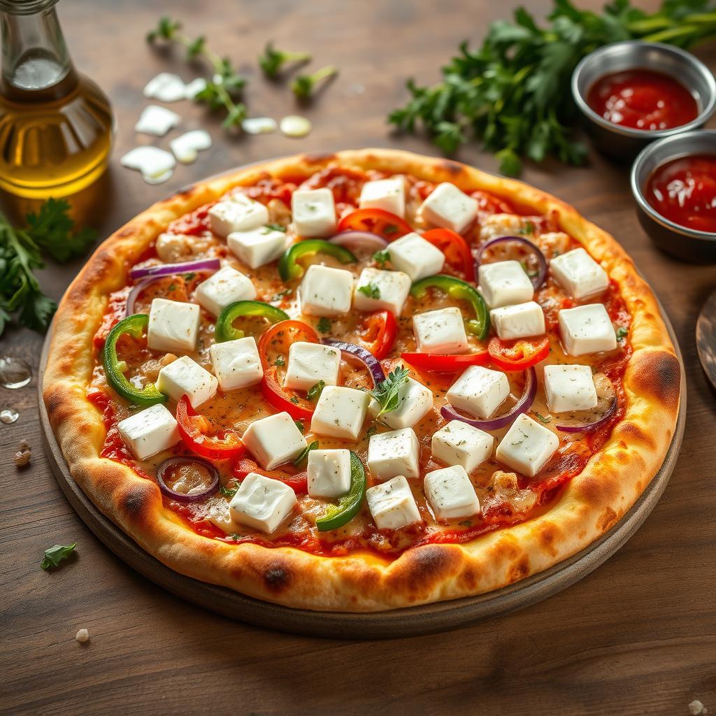 A realistic depiction of a delicious pizza topped with fresh, vibrant capsicum slices, crunchy onions, and perfectly cubed paneer, all lavishly covered with melting mozzarella cheese