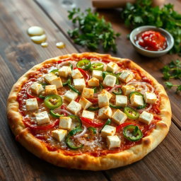 A realistic depiction of a delicious pizza topped with fresh, vibrant capsicum slices, crunchy onions, and perfectly cubed paneer, all lavishly covered with melting mozzarella cheese
