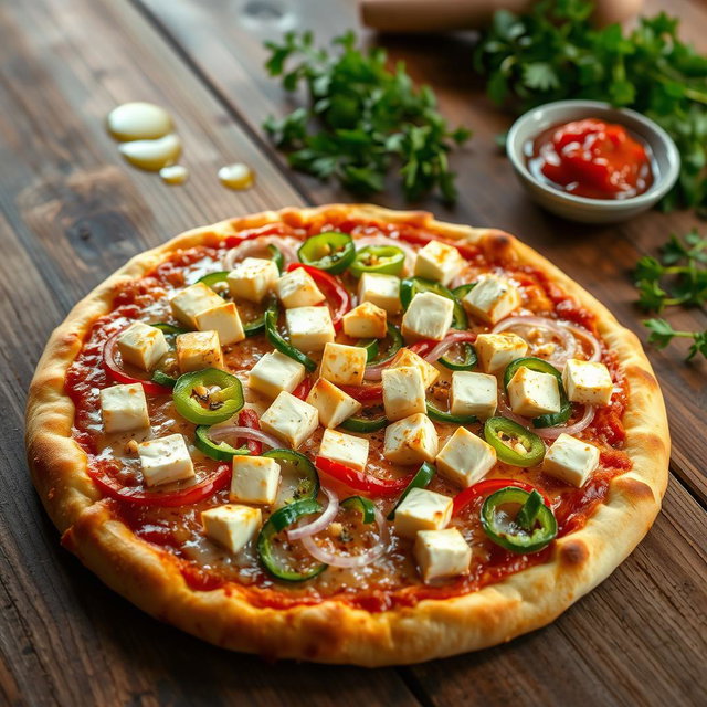 A realistic depiction of a delicious pizza topped with fresh, vibrant capsicum slices, crunchy onions, and perfectly cubed paneer, all lavishly covered with melting mozzarella cheese