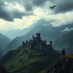 A stunning fantasy landscape inspired by the Game of Thrones universe, featuring a dramatic, mountainous terrain with sprawling castles, lush green valleys, and a turbulent sky filled with dark clouds