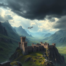 A stunning fantasy landscape inspired by the Game of Thrones universe, featuring a dramatic, mountainous terrain with sprawling castles, lush green valleys, and a turbulent sky filled with dark clouds