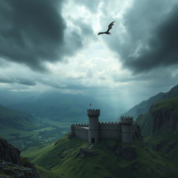 A stunning fantasy landscape inspired by the Game of Thrones universe, featuring a dramatic, mountainous terrain with sprawling castles, lush green valleys, and a turbulent sky filled with dark clouds