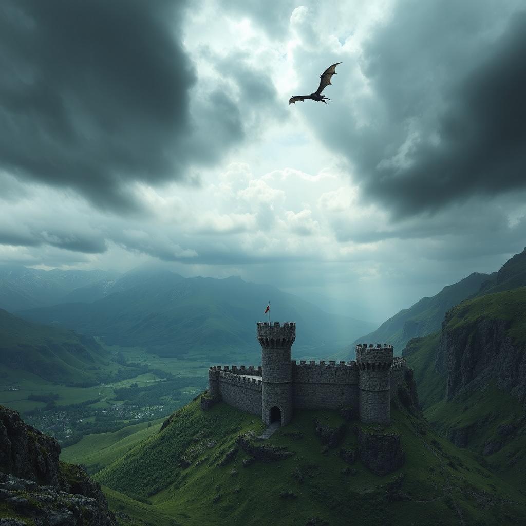 A stunning fantasy landscape inspired by the Game of Thrones universe, featuring a dramatic, mountainous terrain with sprawling castles, lush green valleys, and a turbulent sky filled with dark clouds