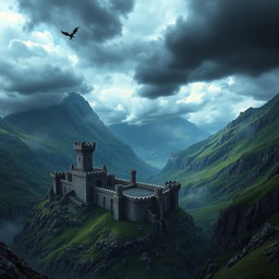 A stunning fantasy landscape inspired by the Game of Thrones universe, featuring a dramatic, mountainous terrain with sprawling castles, lush green valleys, and a turbulent sky filled with dark clouds