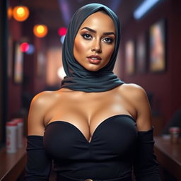 A beautiful 25-year-old Muslim woman wearing a sexy outfit with a hijab, showcasing her cleavage