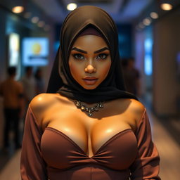 A beautiful 25-year-old Muslim woman wearing a sexy outfit with a hijab, showcasing her cleavage