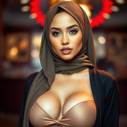 A beautiful 25-year-old Muslim woman wearing a sexy outfit with a hijab, showcasing her cleavage
