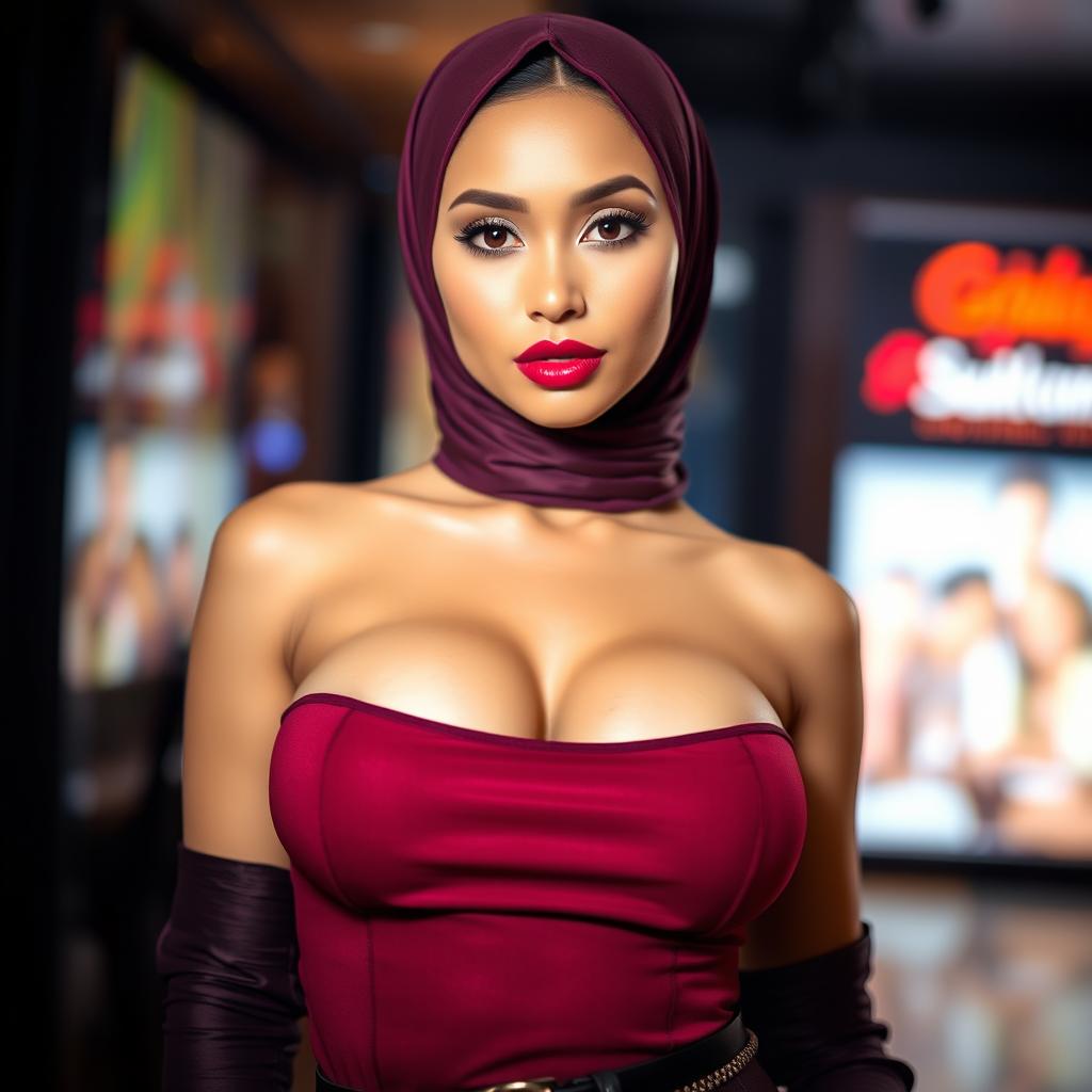 A beautiful 25-year-old Muslim woman wearing a sexy outfit with a hijab, showcasing her cleavage