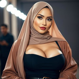 A stunning 25-year-old Muslim woman dressed in a sexy outfit with a hijab, highlighting her cleavage