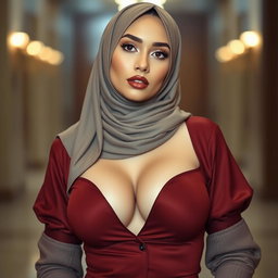 A stunning 25-year-old Muslim woman dressed in a sexy outfit with a hijab, highlighting her cleavage