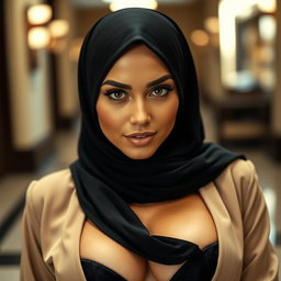 A stunning 25-year-old Muslim woman dressed in a sexy outfit with a hijab, highlighting her cleavage
