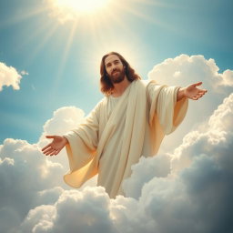 A serene and majestic image of Jesus Christ in the sky amidst fluffy white clouds