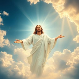 A serene and majestic image of Jesus Christ in the sky amidst fluffy white clouds