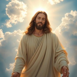 A serene and majestic image of Jesus Christ in the sky amidst fluffy white clouds