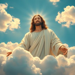 A serene and majestic image of Jesus Christ in the sky amidst fluffy white clouds