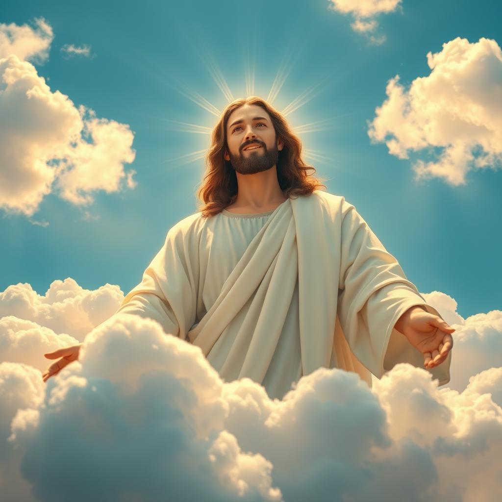 A serene and majestic image of Jesus Christ in the sky amidst fluffy white clouds