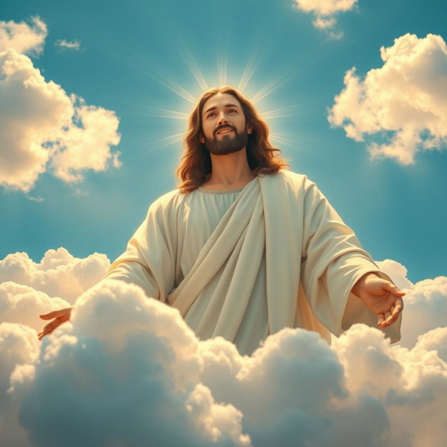 A serene and majestic image of Jesus Christ in the sky amidst fluffy white clouds