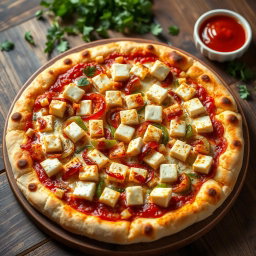 A deliciously baked pizza showcasing a golden brown crust that is perfectly crisp and inviting