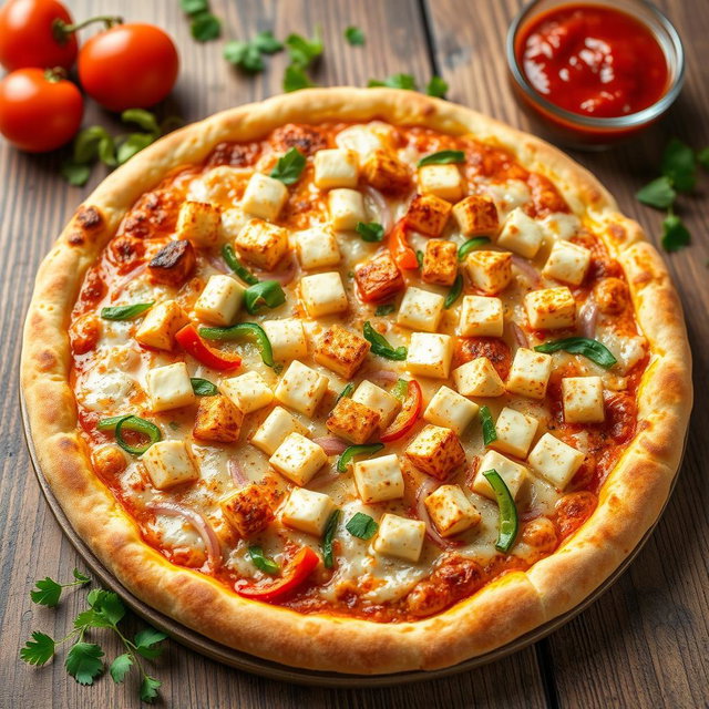 A deliciously baked pizza showcasing a golden brown crust that is perfectly crisp and inviting