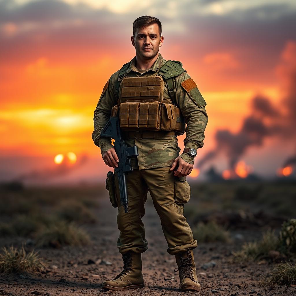 A strong and determined soldier standing confidently in a battlefield setting