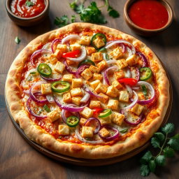 A mouthwatering pizza lavishly topped with an abundance of crunchy onions and vibrant capsicum slices, alongside flavorful paneer cubes, all generously layered under gooey, melted mozzarella cheese