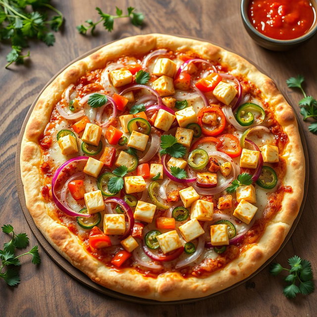 A mouthwatering pizza lavishly topped with an abundance of crunchy onions and vibrant capsicum slices, alongside flavorful paneer cubes, all generously layered under gooey, melted mozzarella cheese