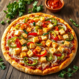 A mouthwatering pizza lavishly topped with an abundance of crunchy onions and vibrant capsicum slices, alongside flavorful paneer cubes, all generously layered under gooey, melted mozzarella cheese