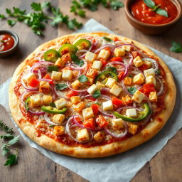 A mouthwatering pizza lavishly topped with an abundance of crunchy onions and vibrant capsicum slices, alongside flavorful paneer cubes, all generously layered under gooey, melted mozzarella cheese