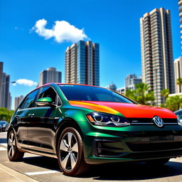 A sleek, stylish dark green Volkswagen Golf parked in a vibrant city setting