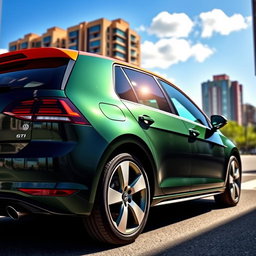 A sleek, stylish dark green Volkswagen Golf parked in a vibrant city setting